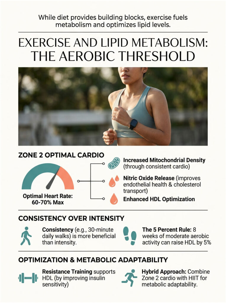 Infographic showing exercise benefits on lipid metabolism, including charts on aerobic threshold and HDL optimization.