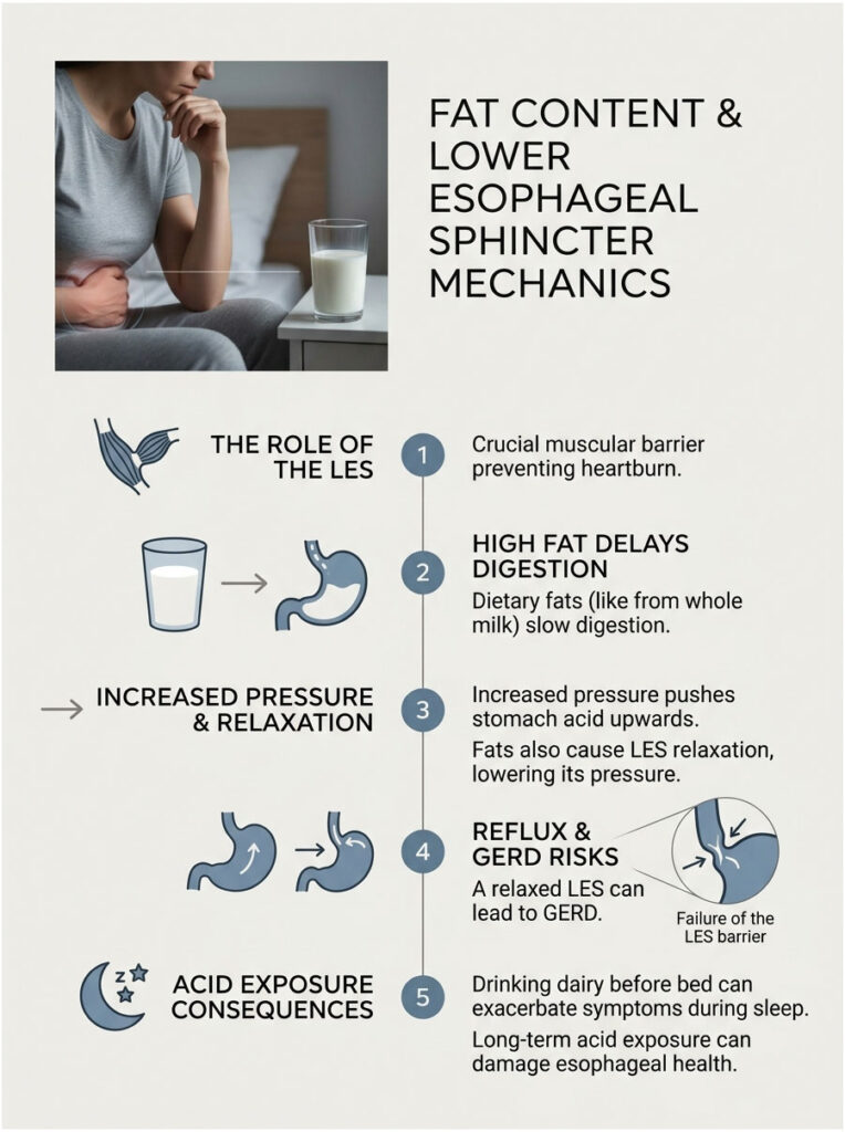 Infographic explaining fat content and lower esophageal sphincter mechanics with illustrations and key points on digestion and GERD risks.