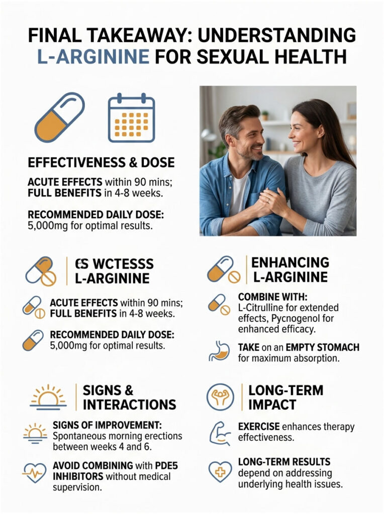 Infographic on L-Arginine for sexual health, detailing effectiveness, dose, signs, and interactions with icons and text.