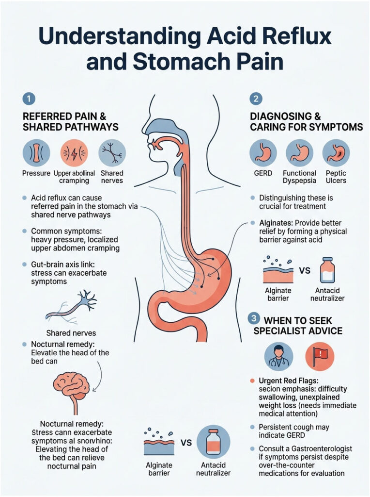 Infographic explaining acid reflux and stomach pain with diagrams, symptoms, and treatment options.
