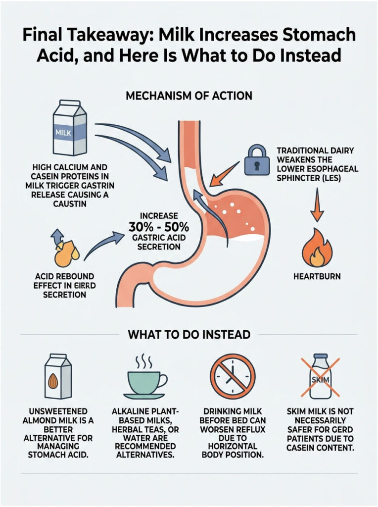 Infographic explaining how milk increases stomach acid and alternatives to manage acid levels, featuring diagrams and text.