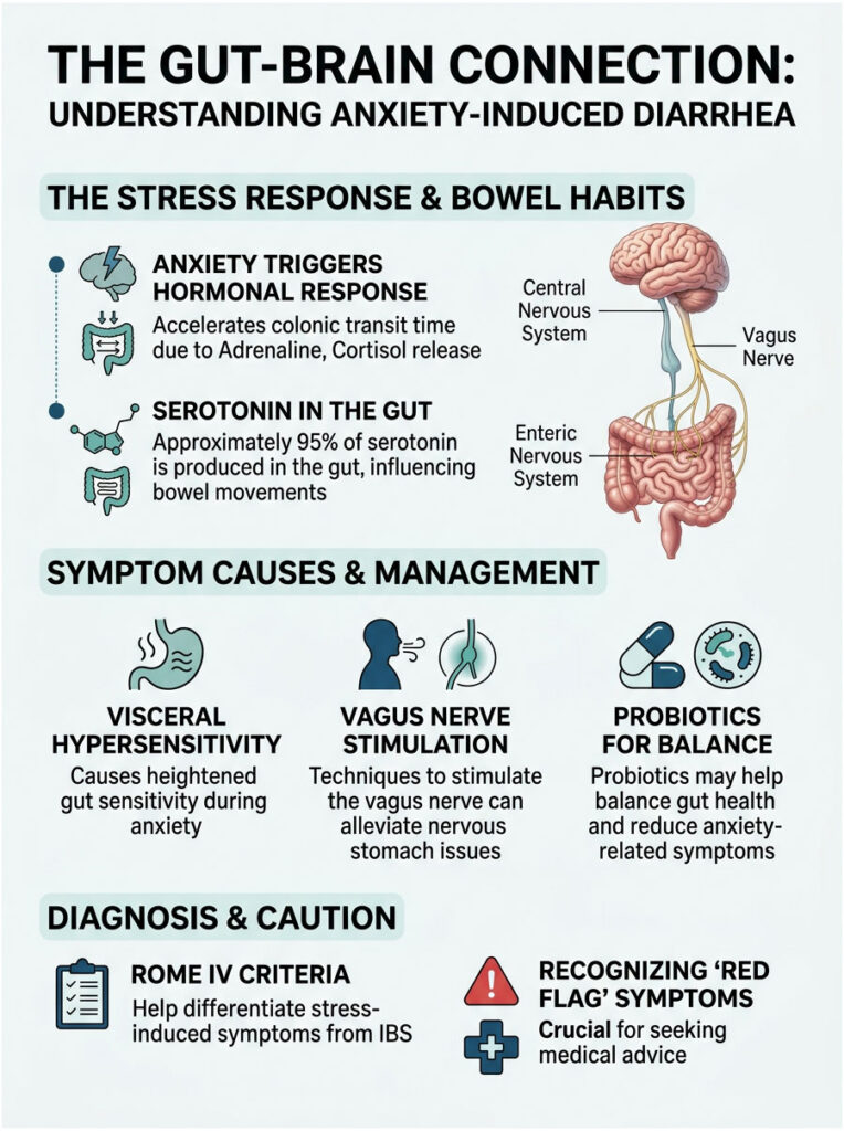 Infographic explaining the gut-brain connection, highlighting anxiety's effects on bowel habits and management strategies.