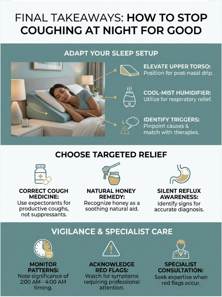 Infographic on stopping nighttime coughing with tips on sleep setup, remedies, and specialist care.
