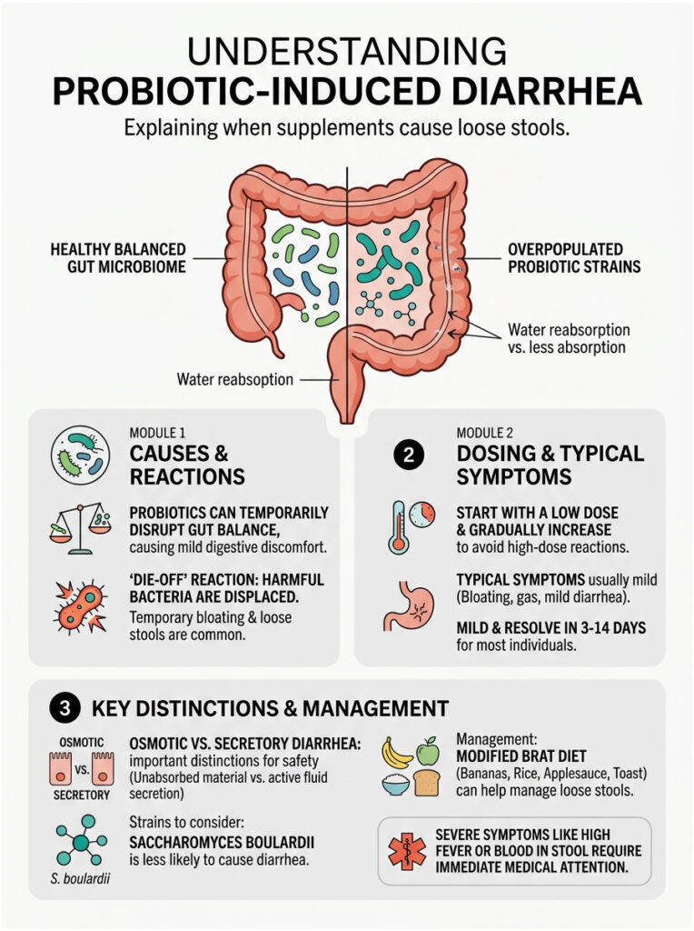 Infographic explaining probiotic-induced diarrhea causes, symptoms, and management strategies with illustrations and text.