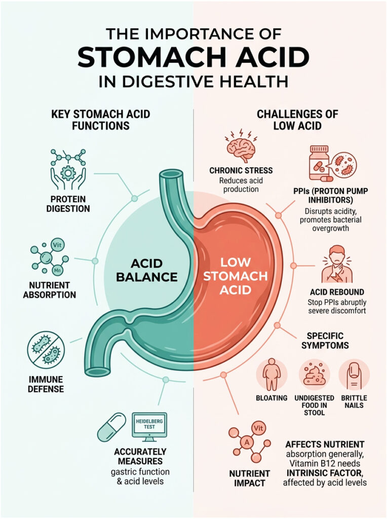 Infographic showing the importance of stomach acid in digestive health, with key functions and challenges of low acid.