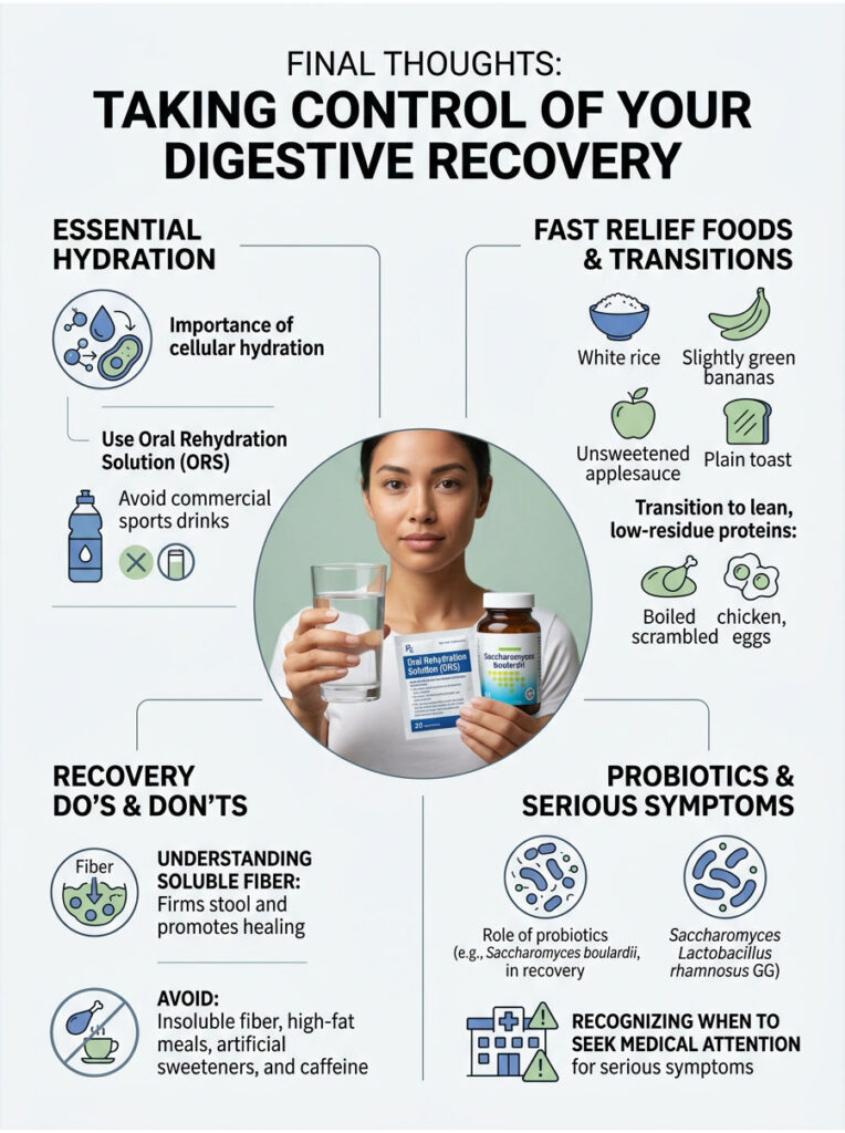 Infographic on digestive recovery with hydration tips, foods, probiotics, and a woman holding a drink and ORS packet.