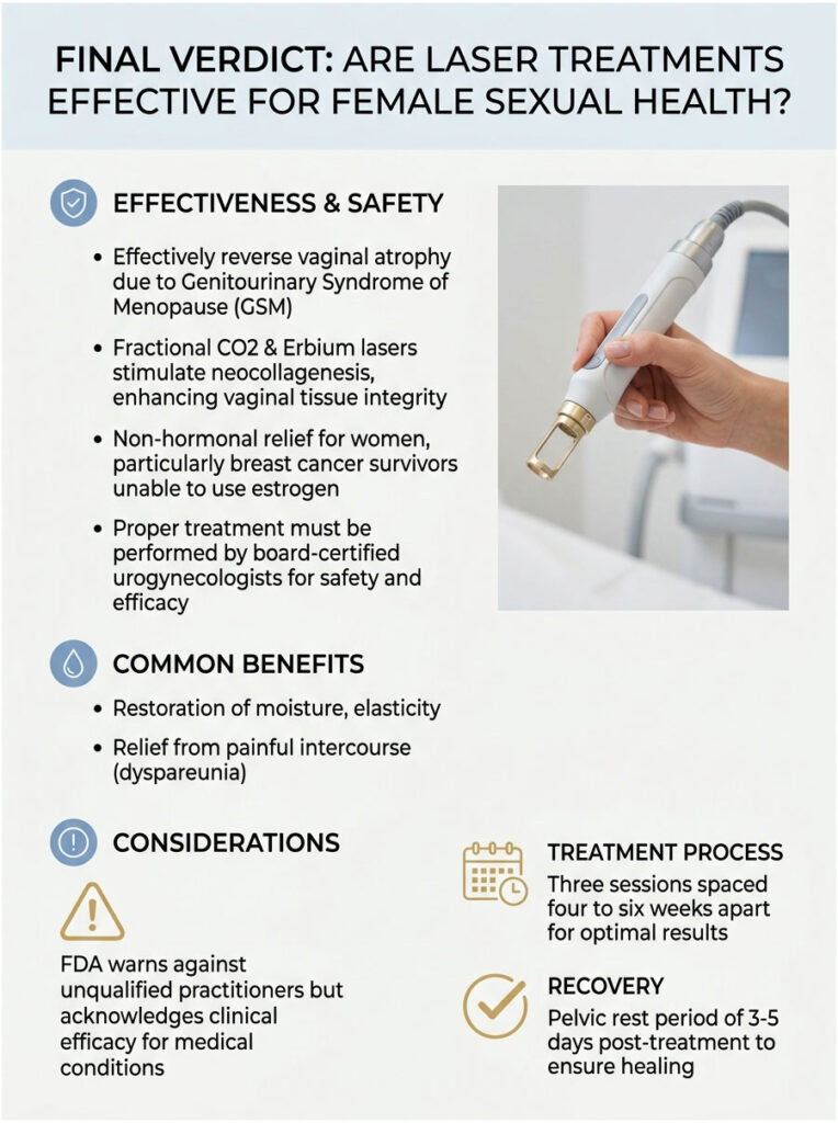 Infographic detailing laser treatments for female sexual health, including effectiveness, benefits, and treatment process.