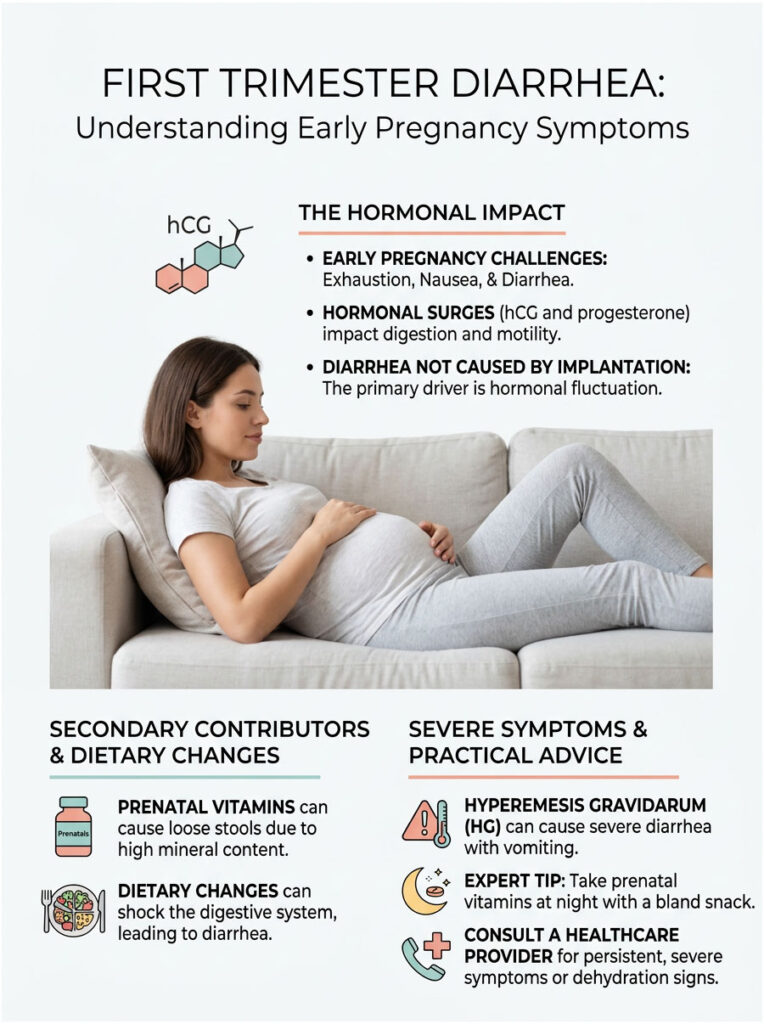 Pregnant woman sitting on a couch with text about first trimester diarrhea and hormonal impacts. Infographic.
