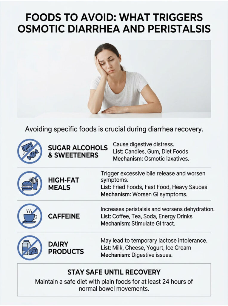 Infographic listing foods to avoid for osmotic diarrhea recovery, including sugar alcohols, high-fat meals, caffeine, and dairy products.