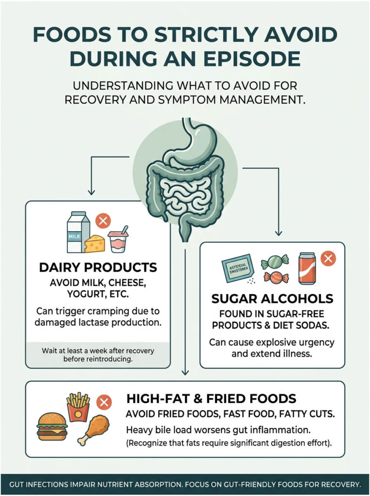 Infographic detailing foods to avoid during gut episodes, including dairy, sugar alcohols, and high-fat foods.
