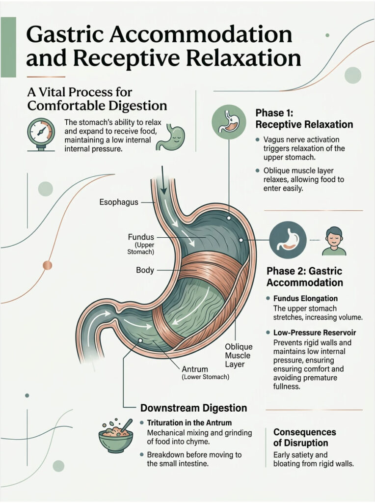 Infographic illustrating gastric accommodation and receptive relaxation with labeled stomach phases and digestion process.