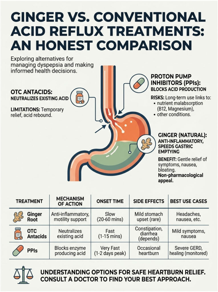 Infographic comparing ginger, OTC antacids, and PPIs for acid reflux treatment with charts and icons.
