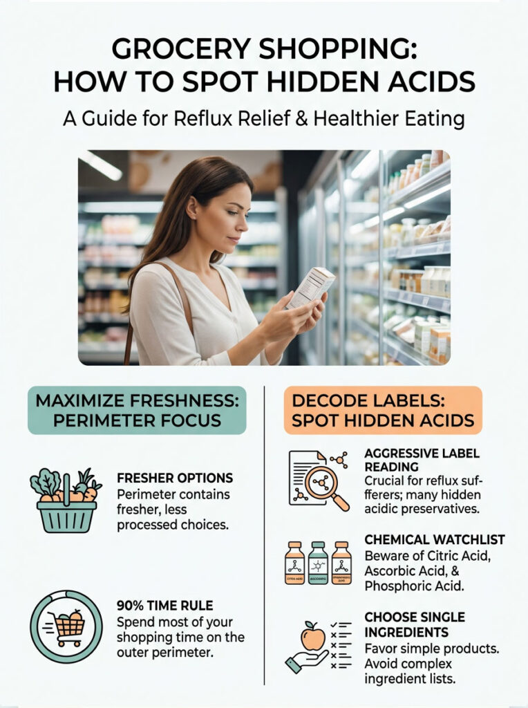 A woman examines a product label in a grocery store, with tips on spotting hidden acids in food. Infographic.