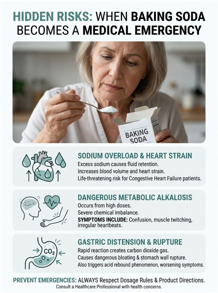 A woman examines a box of baking soda, highlighting health risks associated with its use in an infographic.