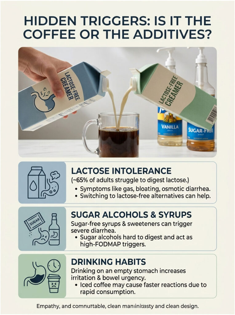 A hand pours lactose-free creamer into a glass of coffee, with text on lactose intolerance, sugar alcohols, and drinking habits. Infographic.