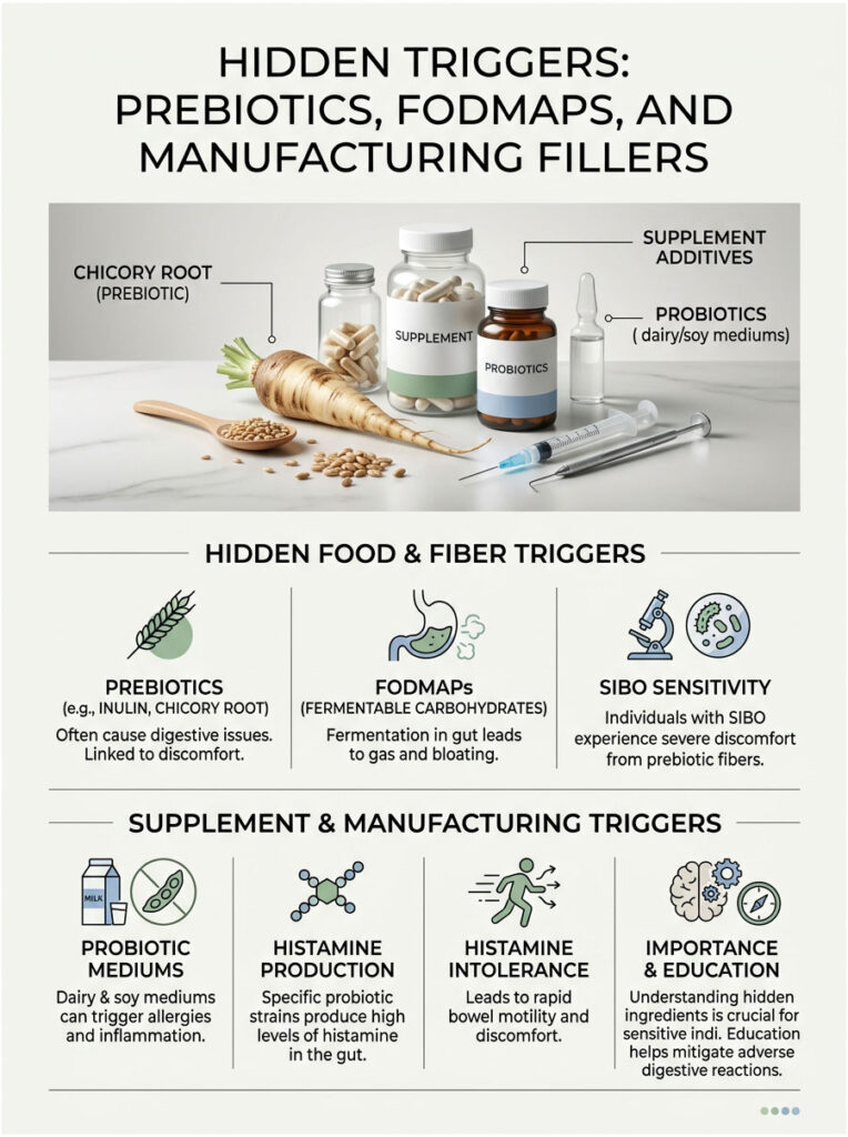 Infographic showing hidden triggers: prebiotics, FODMAPs, and manufacturing fillers with illustrations and text explanations.