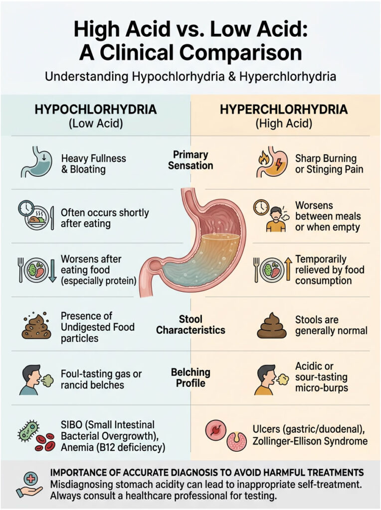 Infographic comparing hypochlorhydria and hyperchlorhydria symptoms, causes, and stool characteristics.