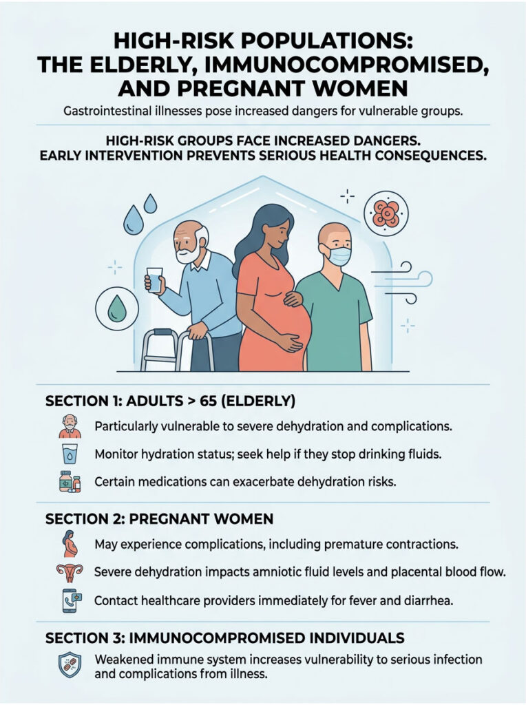 Infographic on high-risk populations: elderly, pregnant women, and immunocompromised individuals with health tips.