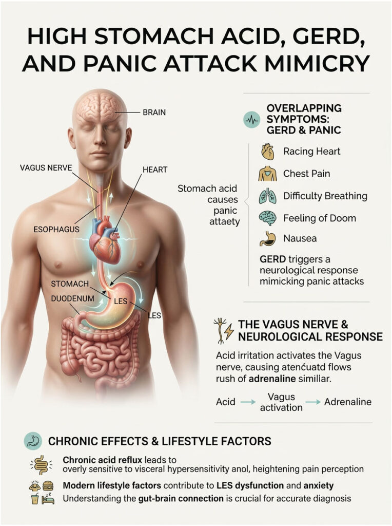 Infographic illustrating high stomach acid, GERD, and panic attack mimicry with labeled body parts and symptoms.