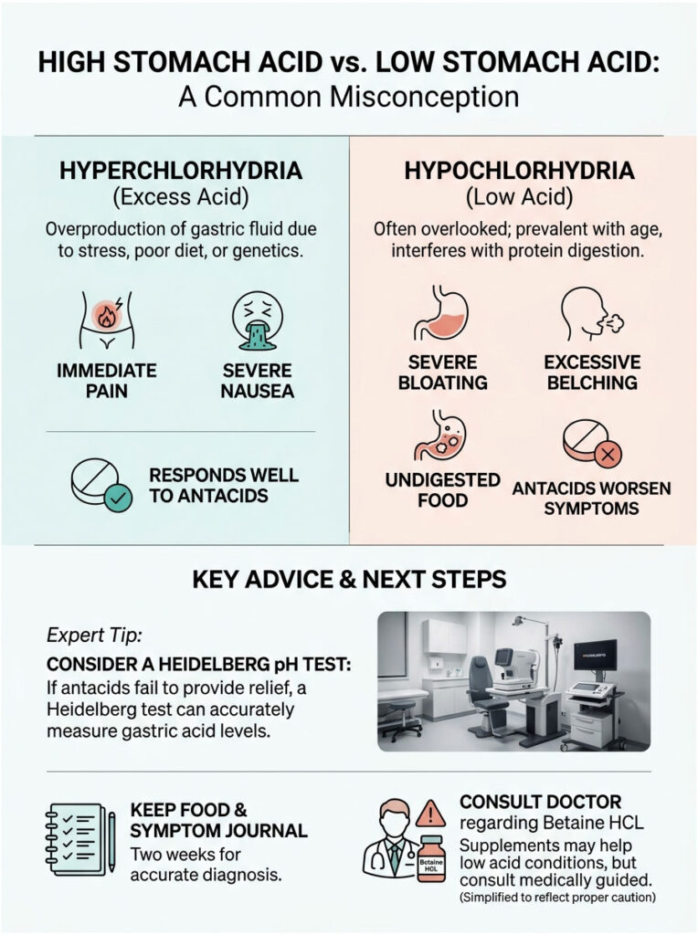 Infographic comparing high stomach acid and low stomach acid symptoms, causes, and advice for diagnosis and treatment.