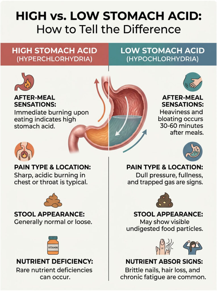 Infographic comparing high and low stomach acid symptoms, including sensations, pain types, stool appearance, and nutrient deficiencies.
