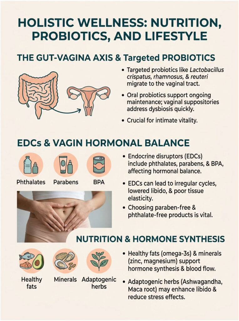 Infographic on holistic wellness, featuring gut-vagina axis, probiotics, EDCs, and nutrition for hormonal balance.