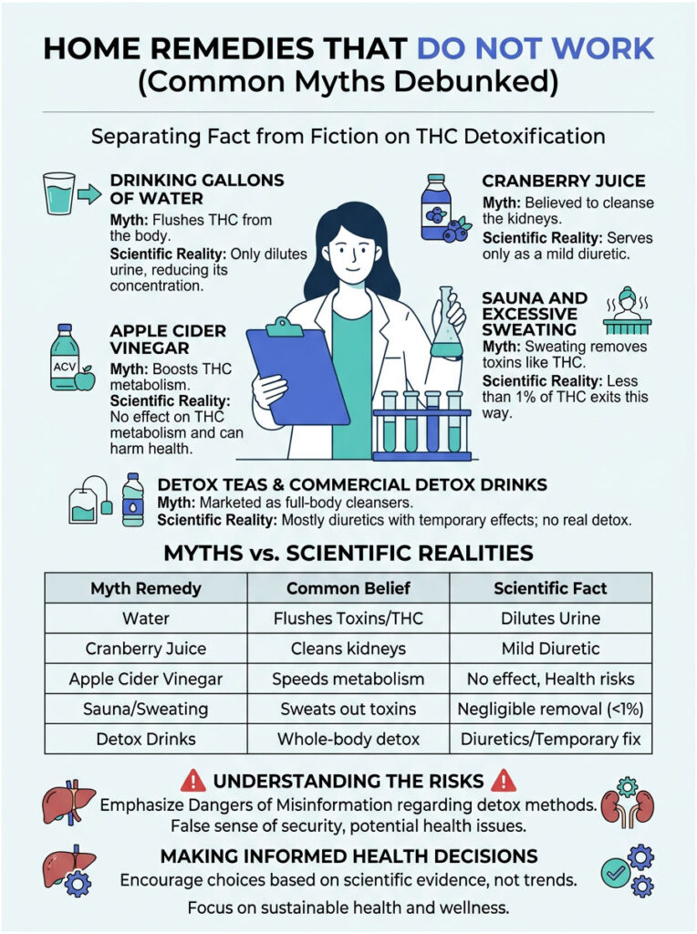 Infographic debunking myths about THC detoxification remedies with charts and icons illustrating scientific realities.