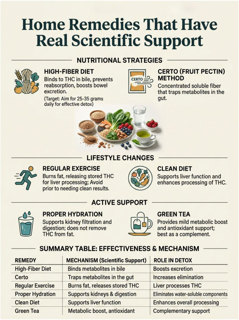 Infographic detailing home remedies with scientific support, including high-fiber diet and exercise strategies.