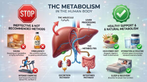 Illustration of THC metabolism in the human body, featuring liver, excretion pathway, and ineffective methods.