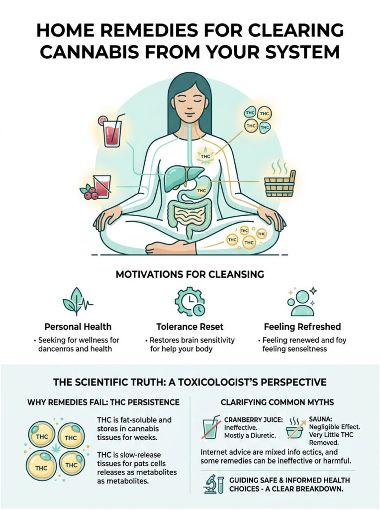 Infographic showing home remedies for clearing cannabis, featuring a woman and various health icons and text.