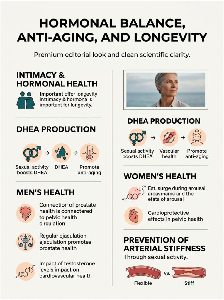 Infographic on hormonal balance, anti-aging, and longevity with sections on health, DHEA production, and sexual activity.