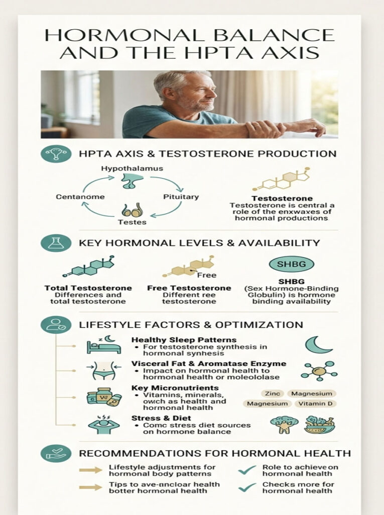 Infographic showing hormonal balance and the HPTA axis with charts on testosterone levels and lifestyle factors.