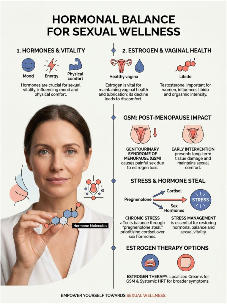 Infographic on hormonal balance for sexual wellness, featuring charts on hormones, estrogen, and stress management.