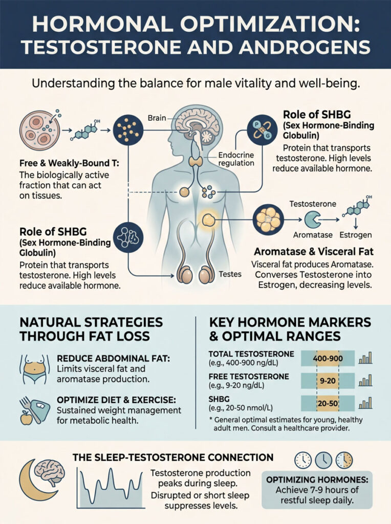 Infographic explaining hormonal optimization for testosterone, including roles of SHBG, fat loss strategies, and hormone markers.
