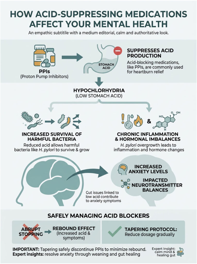 Infographic showing how acid-suppressing medications affect mental health, including PPIs, hypochlorhydria, and anxiety links.