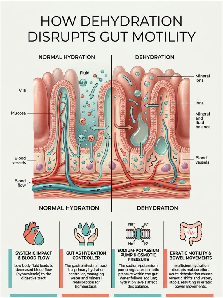Infographic illustrating how dehydration disrupts gut motility, comparing normal hydration and dehydration effects on the gut.