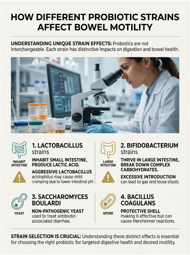 Infographic showing how different probiotic strains affect bowel motility with charts and strain details.