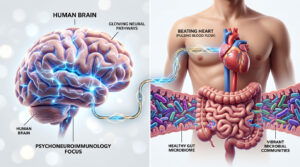 A human brain with glowing neural pathways and a beating heart above a healthy gut microbiome in a torso image.