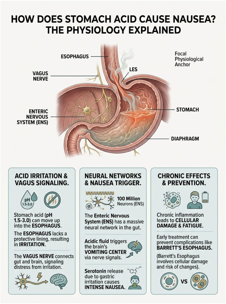 Diagram explaining how stomach acid causes nausea, showing anatomy and key processes involved. Infographic.
