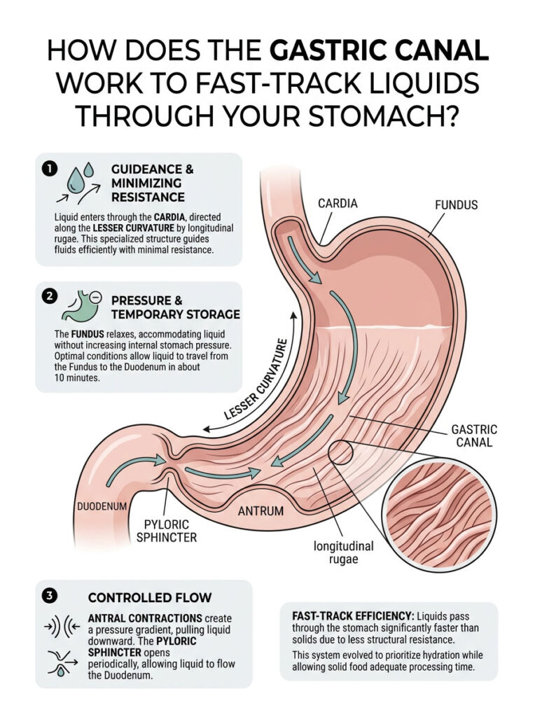 Infographic explaining gastric canal function, showing liquid flow through stomach sections with labeled parts and key points.