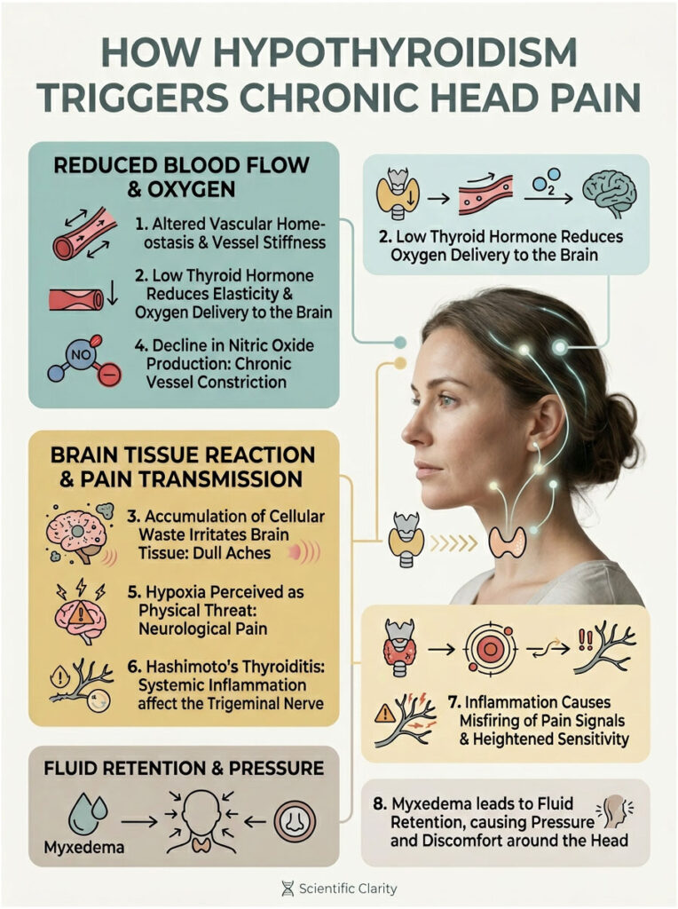 Infographic explaining how hypothyroidism triggers chronic head pain with labeled sections and illustrations.
