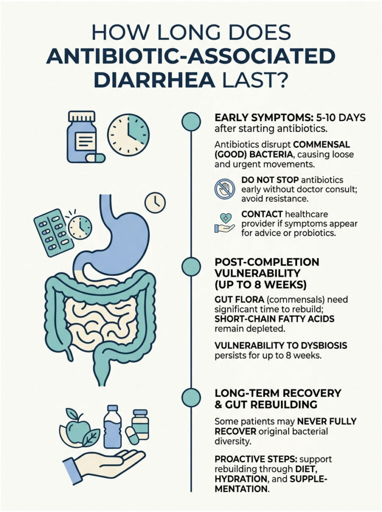 Infographic explaining antibiotic-associated diarrhea duration with illustrations of pills, clock, and gut health.