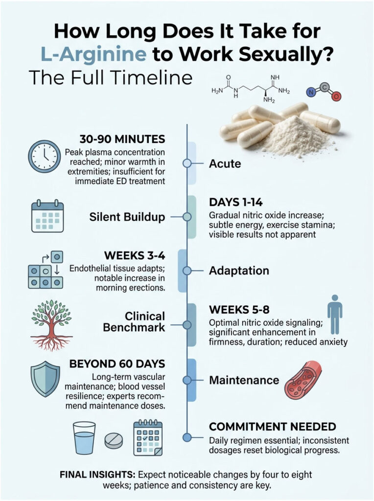 Timeline infographic detailing how long L-Arginine takes to work sexually, with stages and insights.