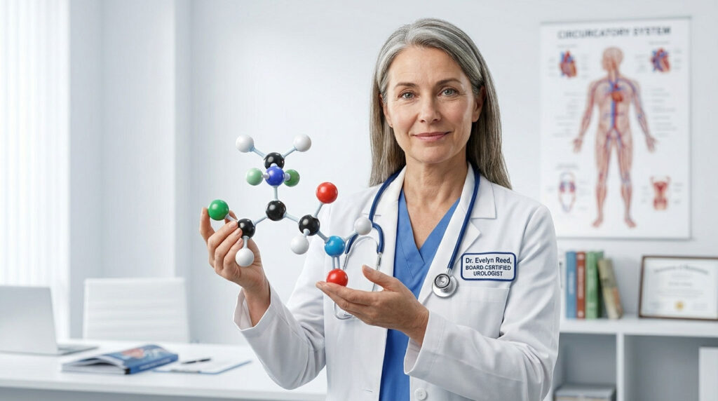 A female doctor holds a molecular model in a bright office with medical charts in the background.
