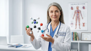 A female doctor holds a molecular model in a bright office with medical charts in the background.