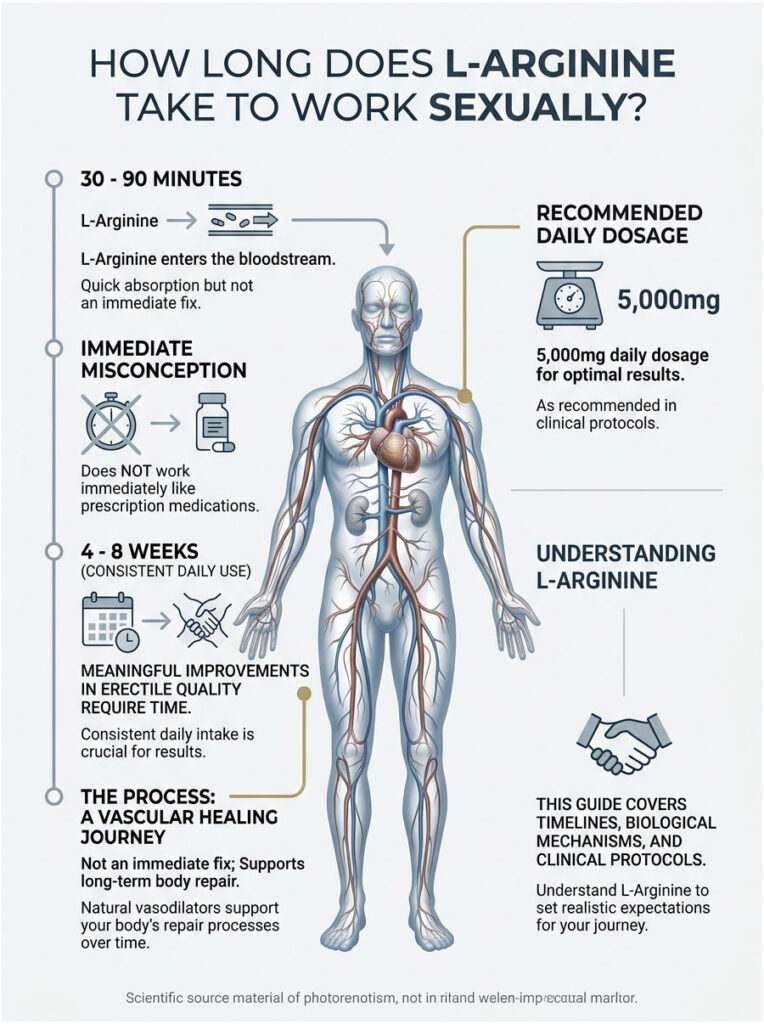Infographic explaining L-Arginine's effects, dosage, and timeline for sexual health improvements with illustrations.