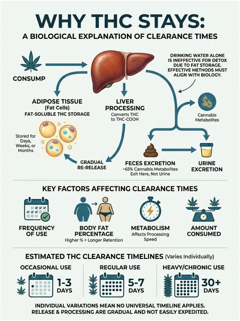 Infographic explaining THC clearance times, showing liver processing, fat storage, and excretion methods.