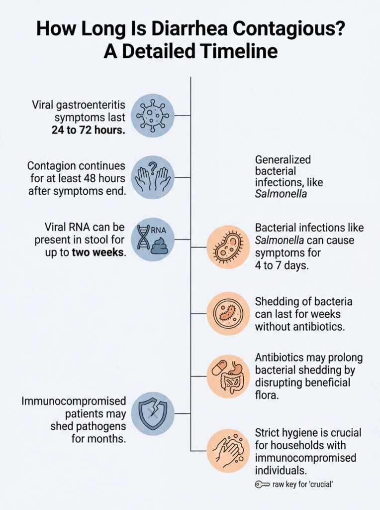 Infographic detailing diarrhea contagion timeline, symptoms, and hygiene for immunocompromised individuals.