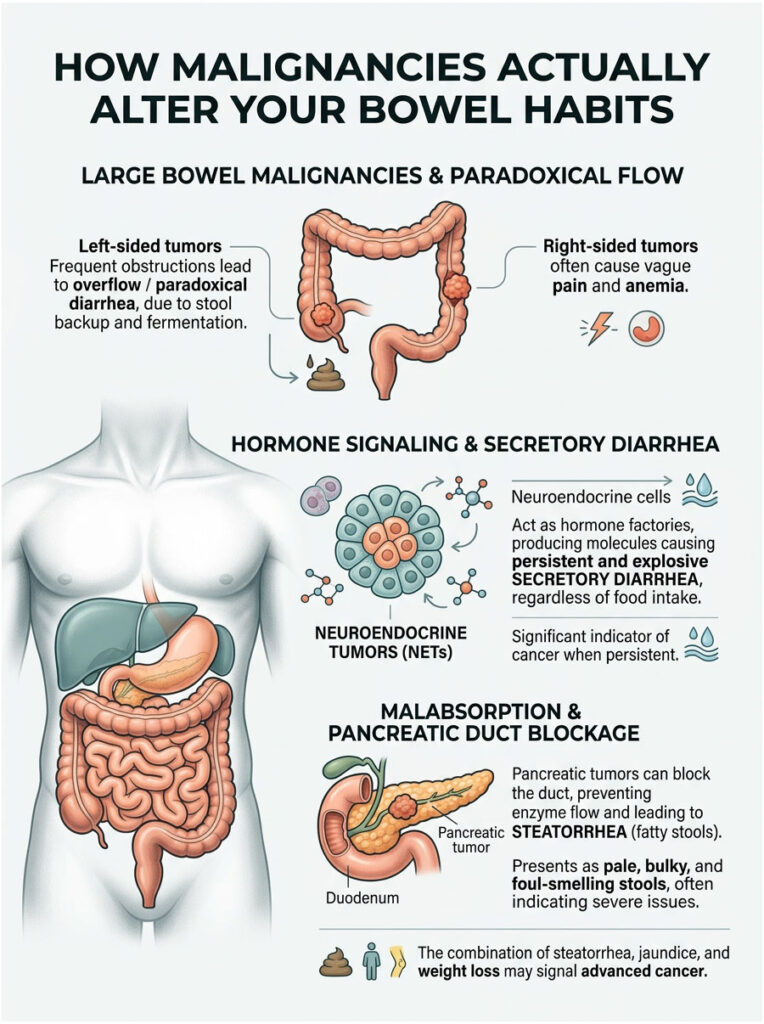 Infographic explaining how malignancies alter bowel habits with illustrations of tumors and symptoms.