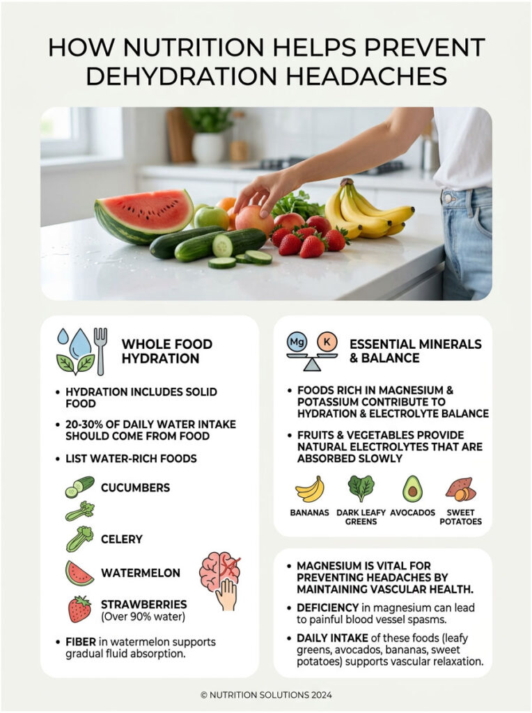 Infographic showing how nutrition prevents dehydration headaches with food examples and hydration tips.